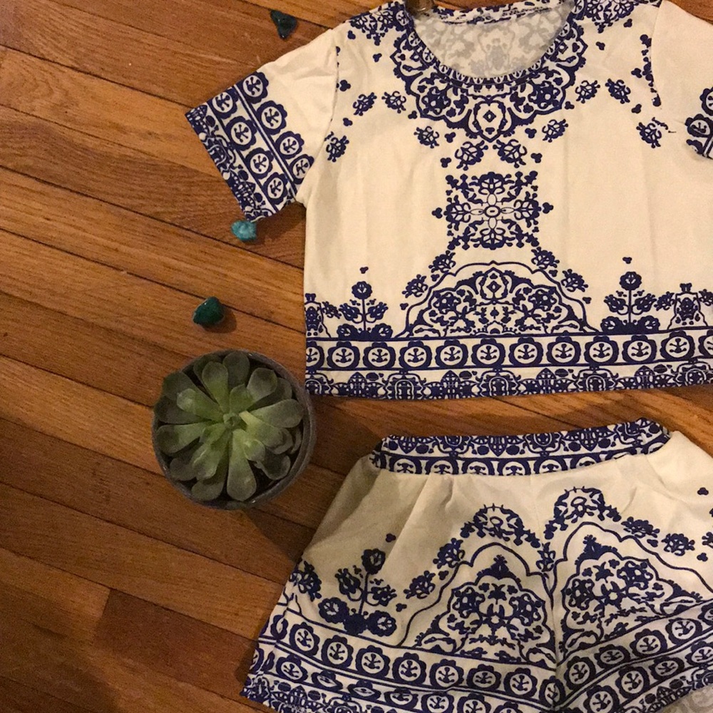 Blue and White Boutique Crop Top and Short Set